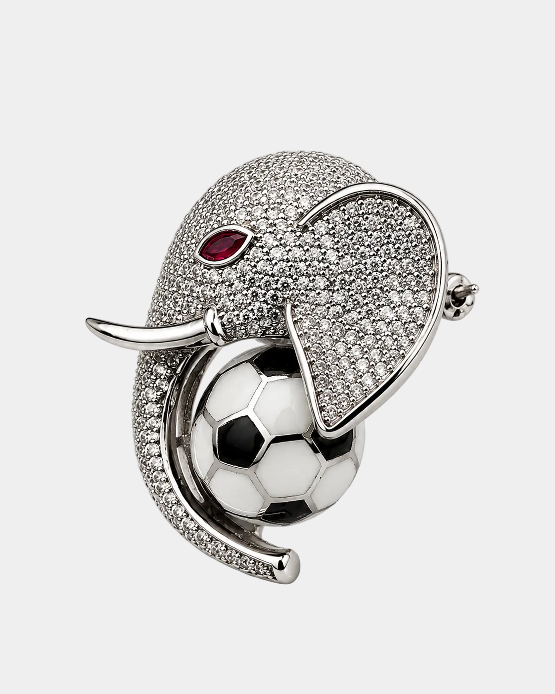 Silver elephant charm with a red gem and soccer ball on a white background